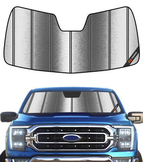 Pigenius front view metallic sun shade on F-150 showing full windshield coverage and protection