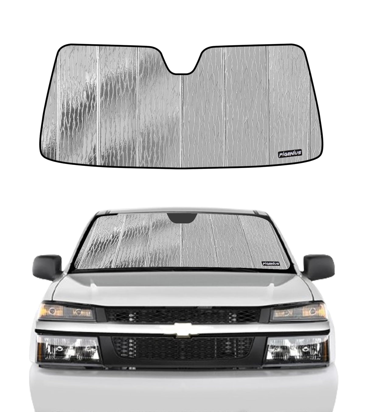 Pigenius front-facing windshield sunshade fitted in Chevy Colorado showing perfect fit and protection