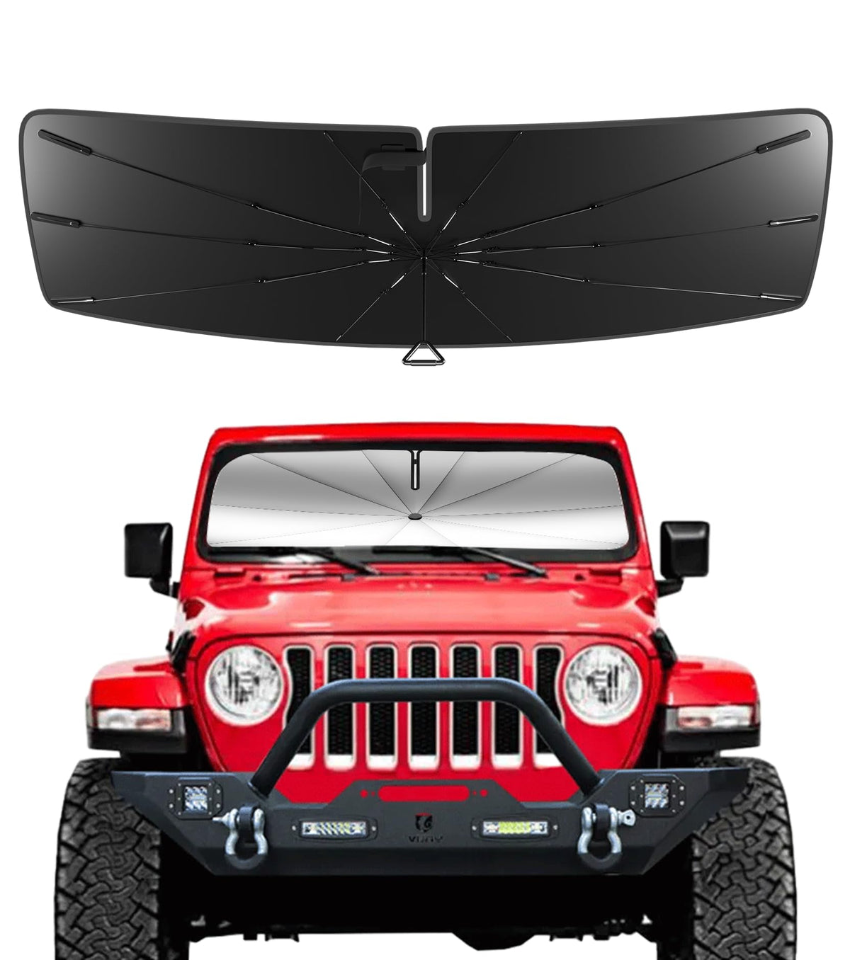 Pigenius front fit on Jeep windshield showing precise coverage and reduced glare