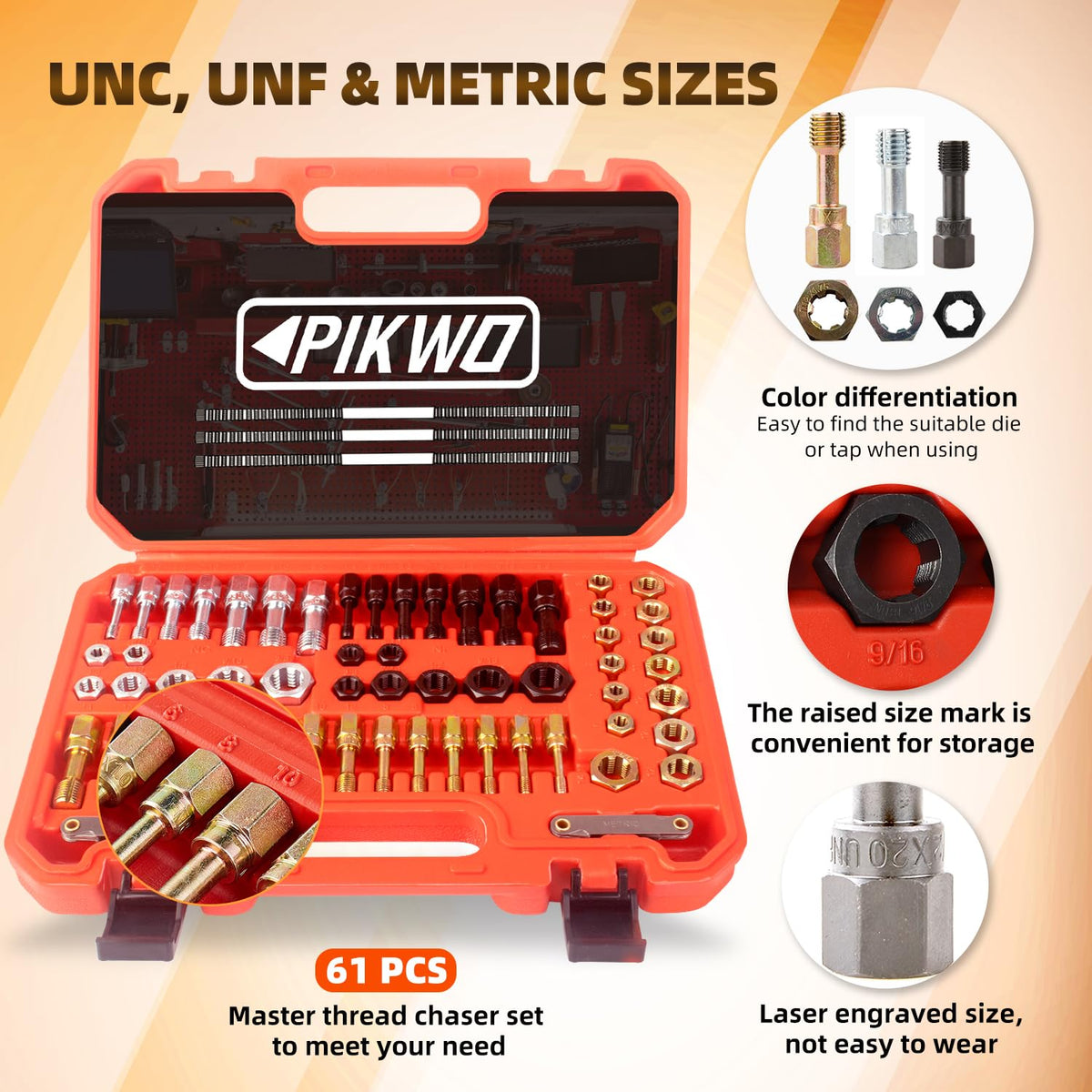 Pikwo color-coded chasers laid out for quick UNC UNF metric identification
