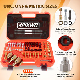 Pikwo color-coded chasers laid out for quick UNC UNF metric identification