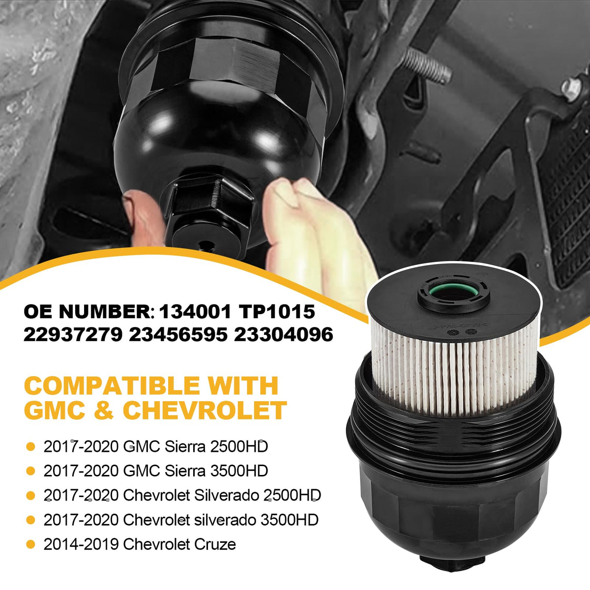Pilida cap and filter next to ruler showing exact OEM‑matching dimensions