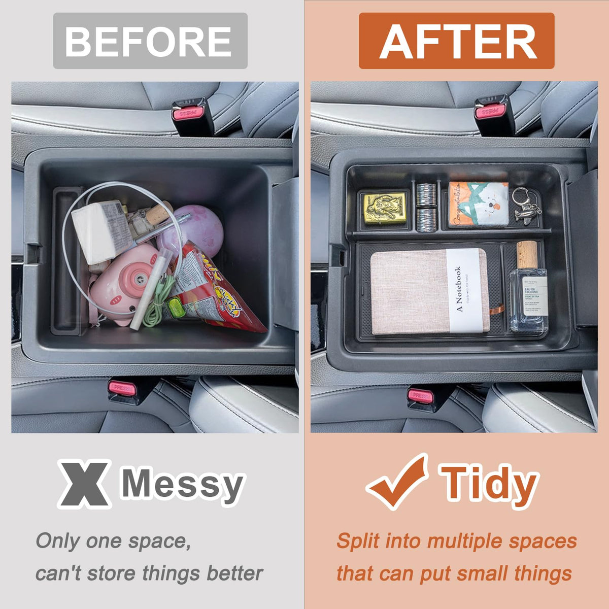 PIMCAR armrest divider top view displaying four compartments for tidy storage
