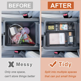 PIMCAR armrest divider top view displaying four compartments for tidy storage