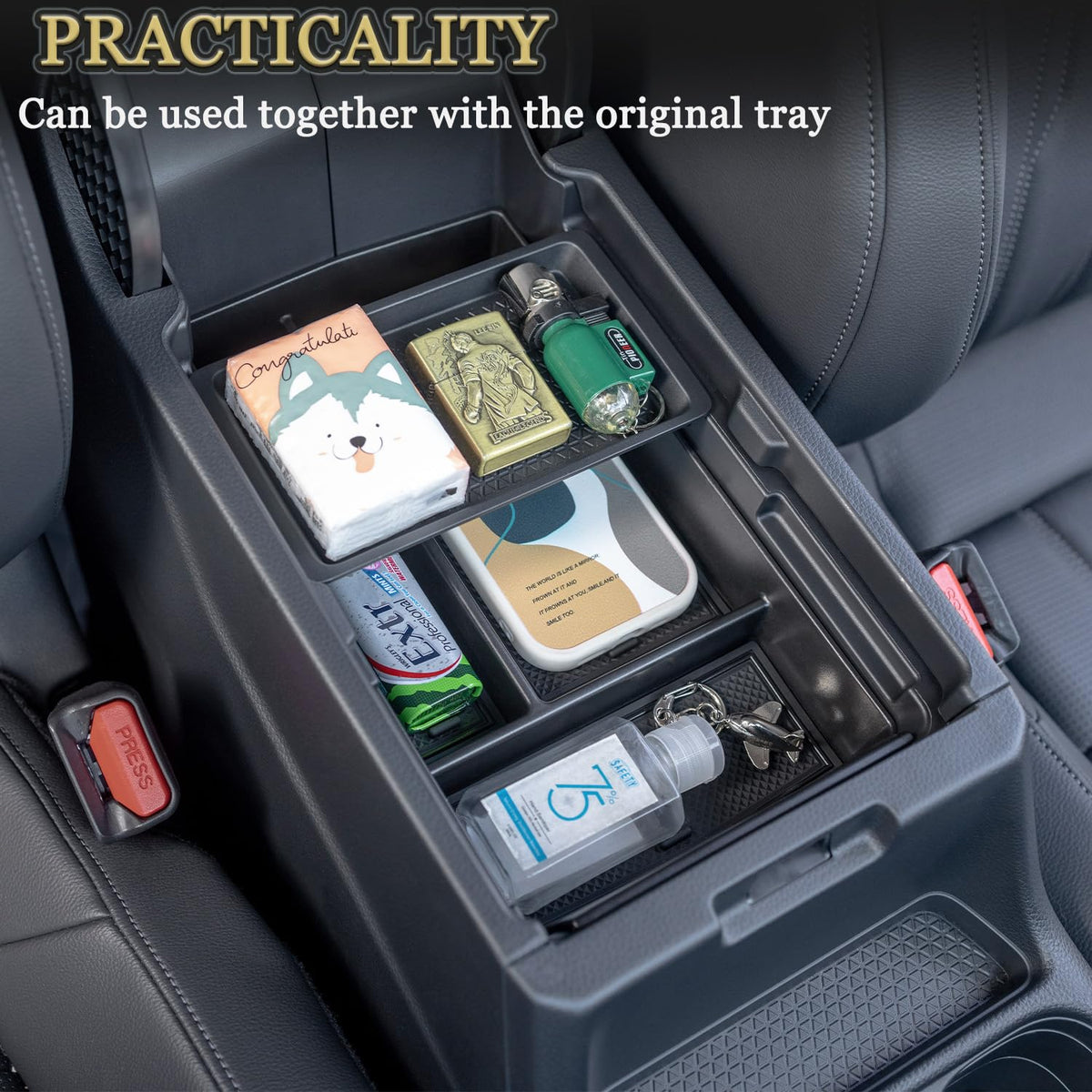 PIMCAR armrest tray top view showing shallow tier for quick-access items