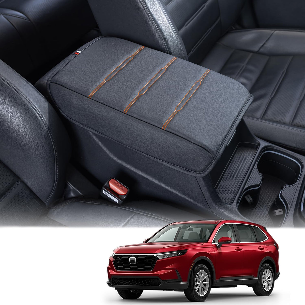 PIMCAR front view of console cover showing sleek black fit and orange stitching benefit durability