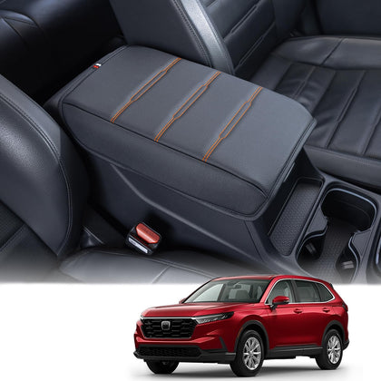 PIMCAR front view of console cover showing sleek black fit and orange stitching benefit durability