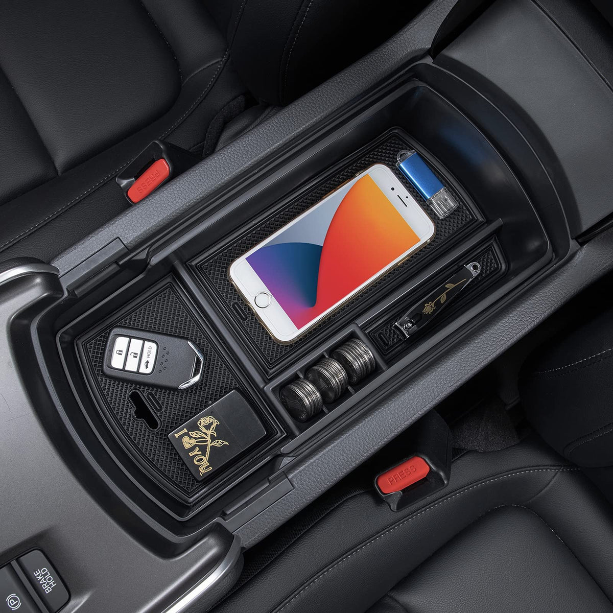 PIMCAR front view of center console tray showing clean fit and benefit of organized storage