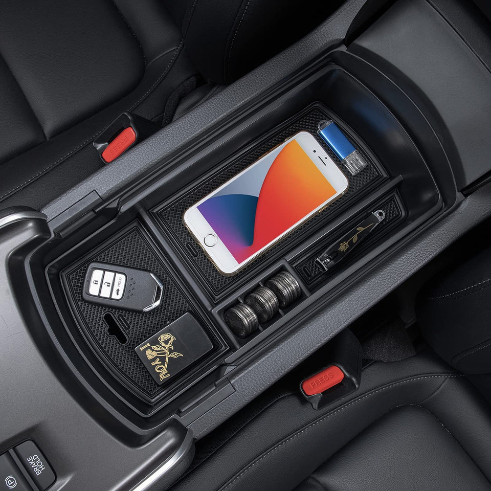 PIMCAR front view of center console tray showing clean fit and benefit of organized storage