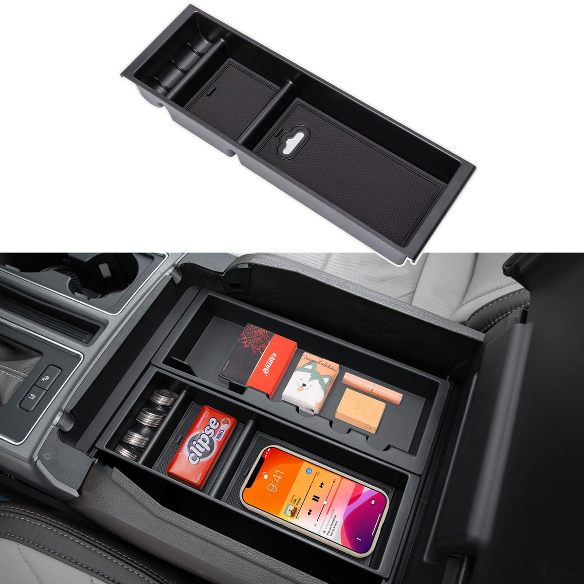PIMCAR front view of center console tray showing organized layout and quick access