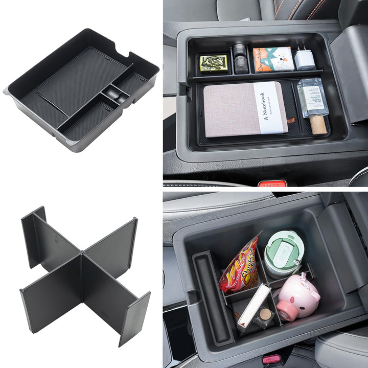 pimcar front view of installed organizer showing tidy console, improves accessibility