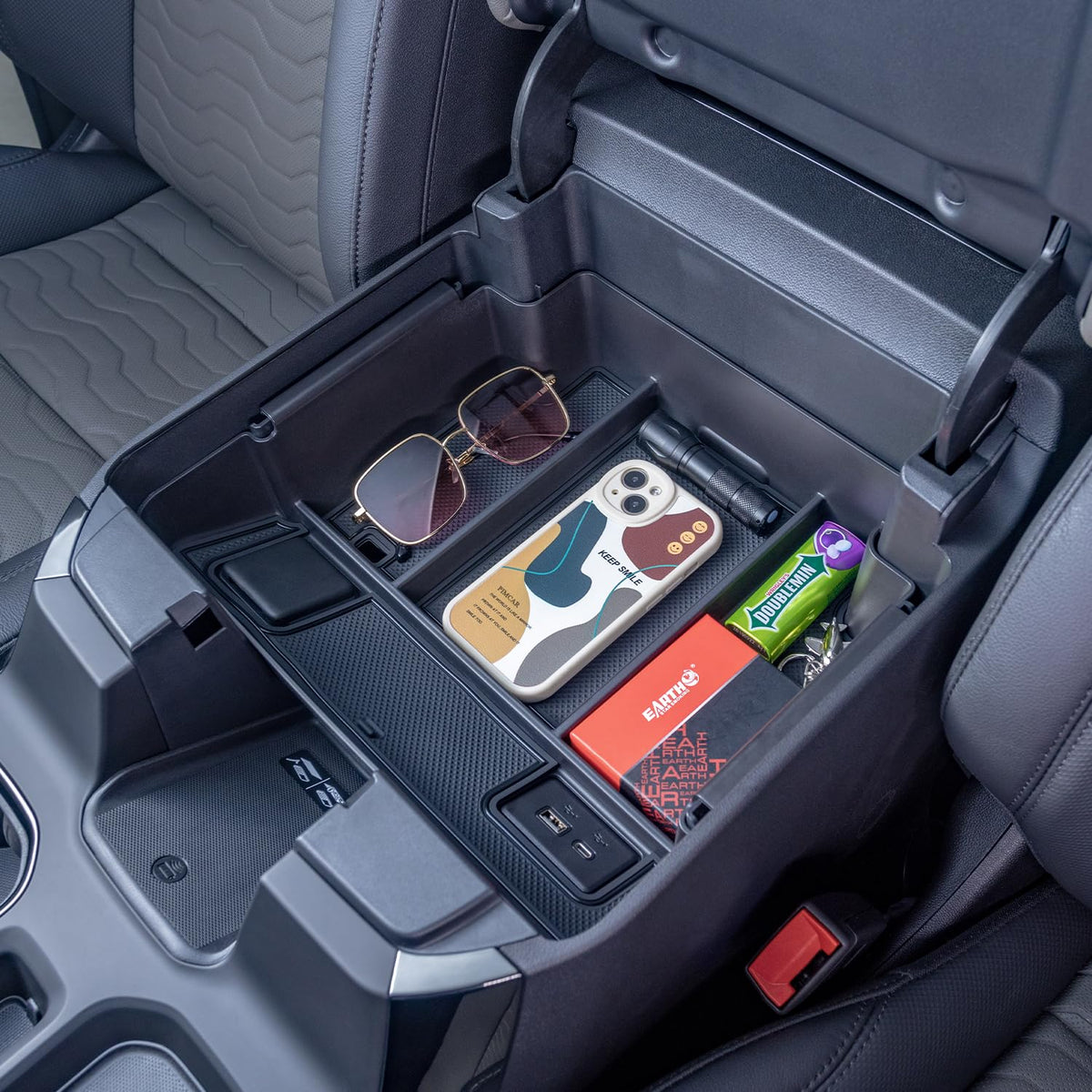 PIMCAR front view of console organizer showing neat storage benefit