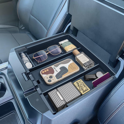 PIMCAR front view of full console tray showing organized storage benefit