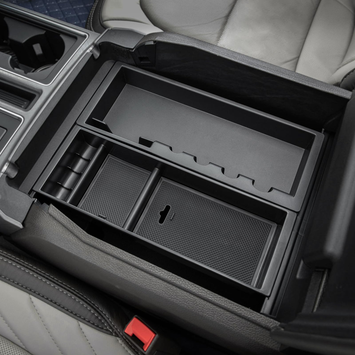 PIMCAR front view of tray installed in F150 console for neat storage