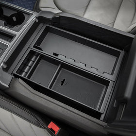 PIMCAR front view of tray installed in F150 console for neat storage