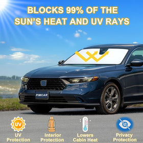 PIMCAR sunshade installed across a Honda Accord windshield reducing cabin heat and glare