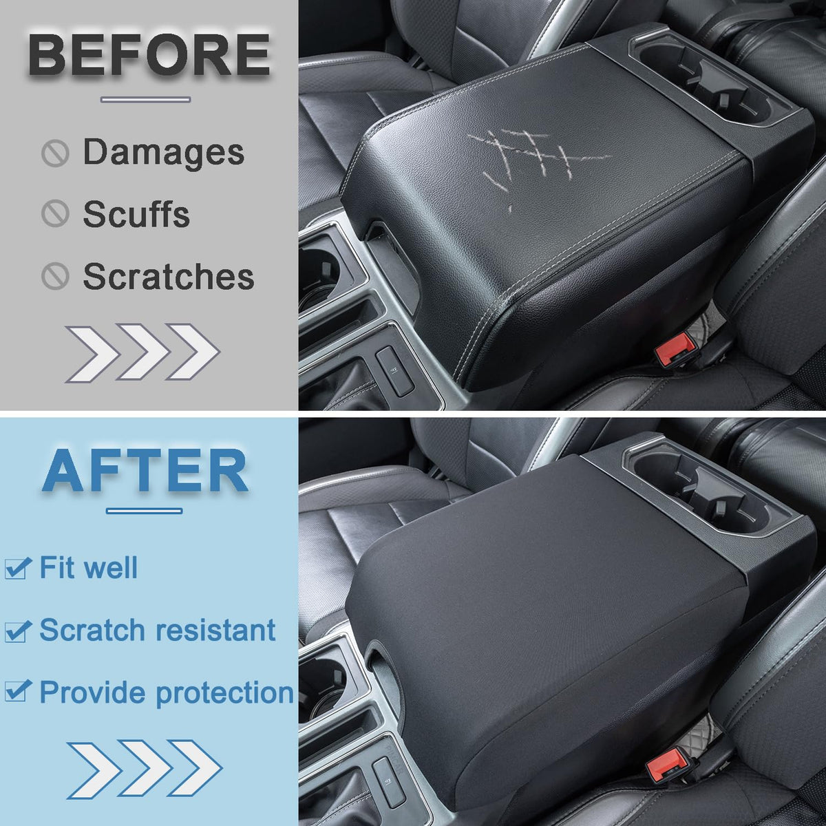 PIMCAR installed on truck console top view, protects lid from scratches
