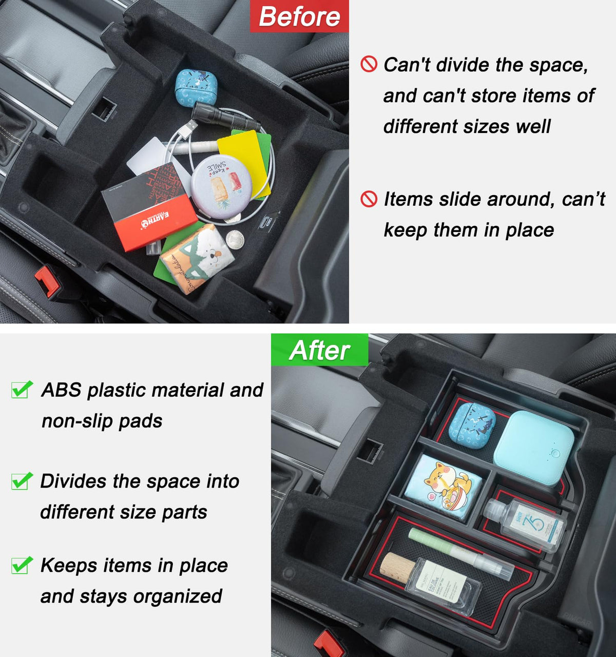 PIMCAR installed insert in Ram console with lid open preserving charging port access