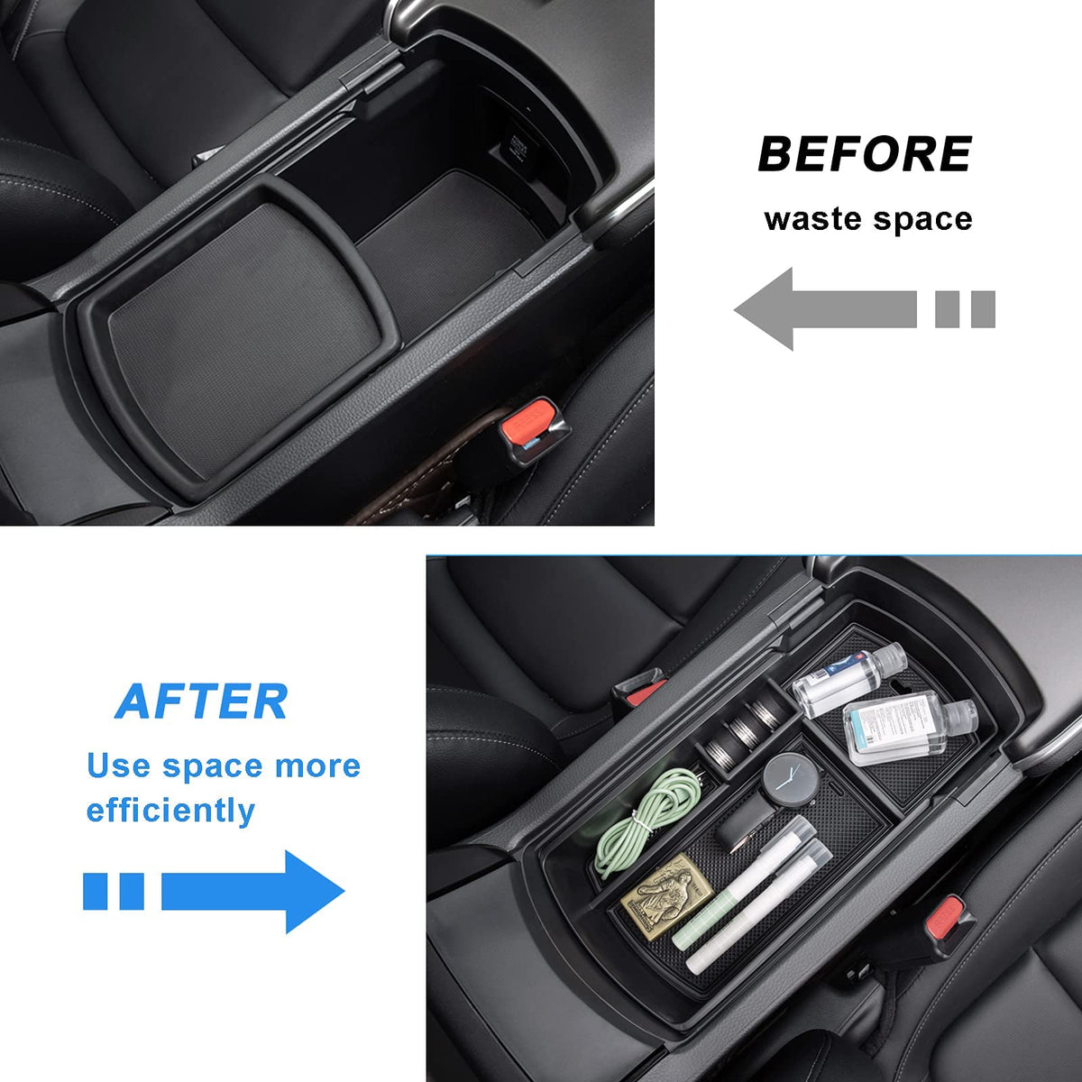 PIMCAR lower compartment storing larger items to maximize console capacity