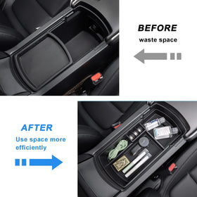 PIMCAR lower compartment storing larger items to maximize console capacity