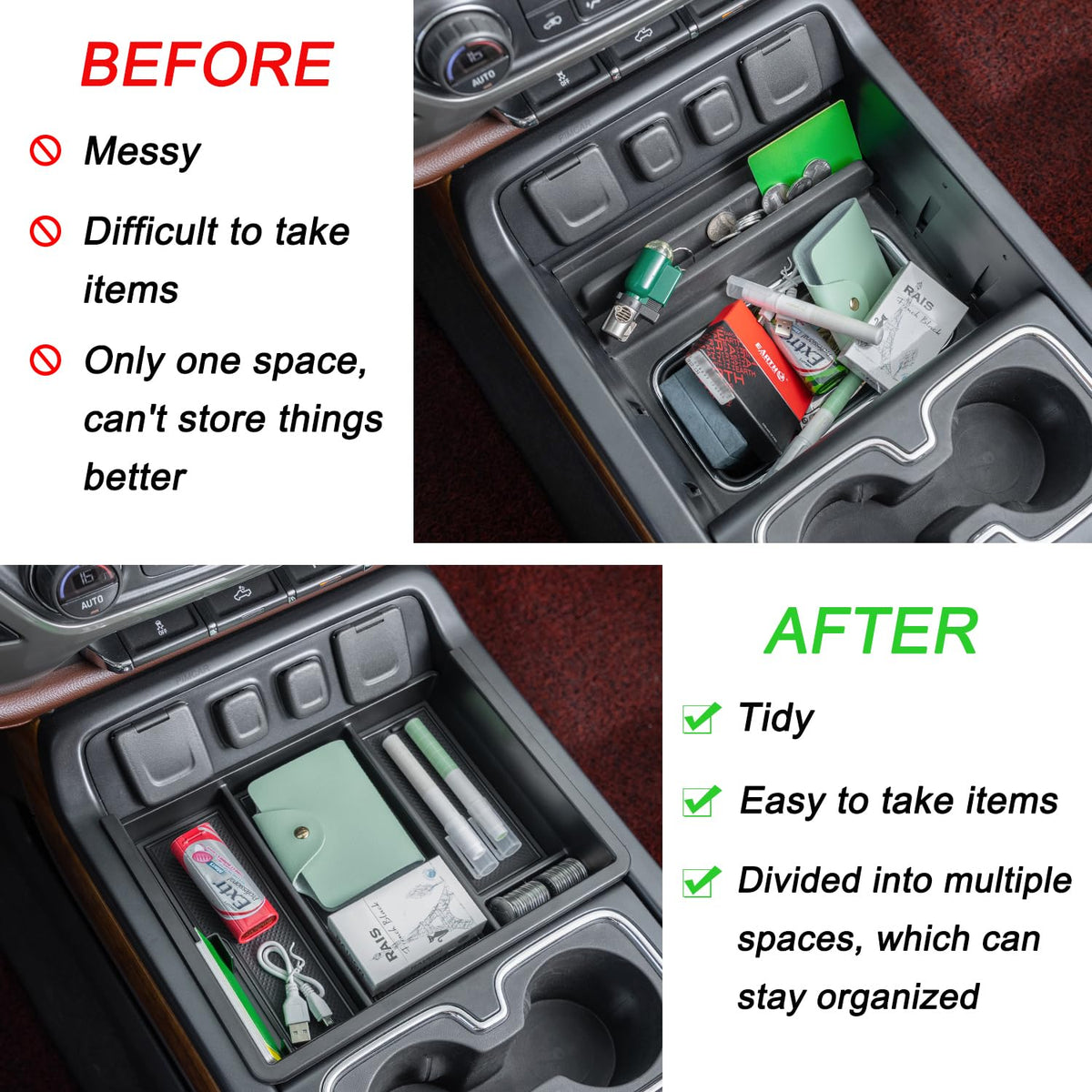 PIMCAR organizer holding phone wallet and sunglasses for quick reach