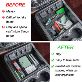PIMCAR organizer holding phone wallet and sunglasses for quick reach