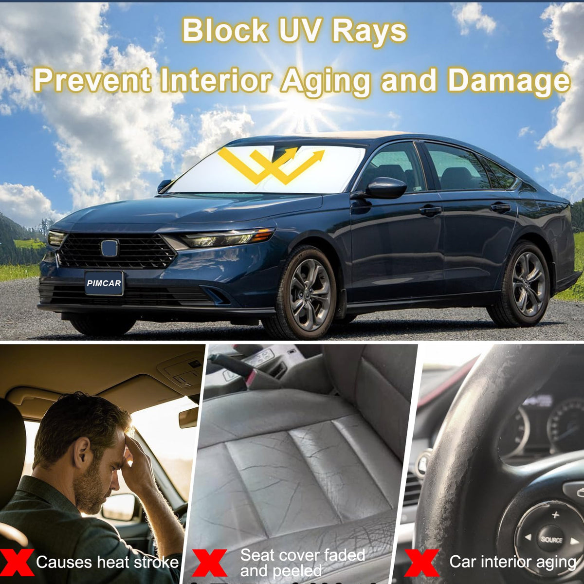 PIMCAR sunshade next to steering wheel demonstrating size fit for 2023–2026 Honda Accord