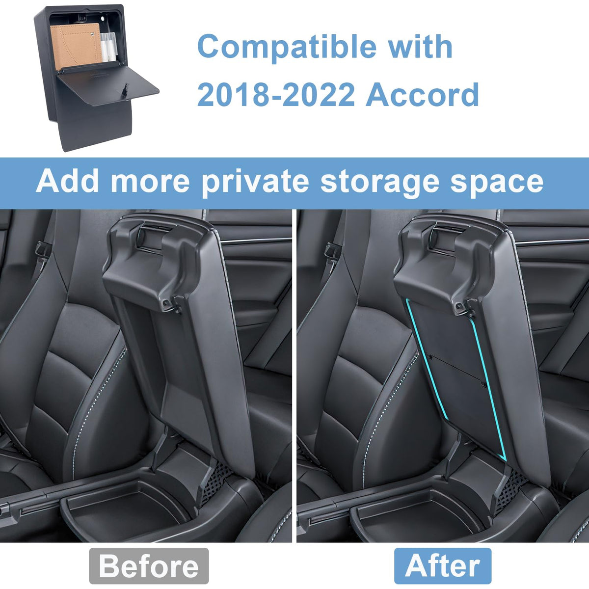PIMCAR top view of installed organizer inside Accord armrest for concealed storage