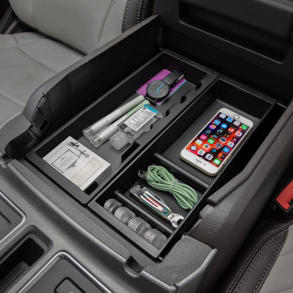 PIMCAR tray inside console holding phone keys wallet for quick access