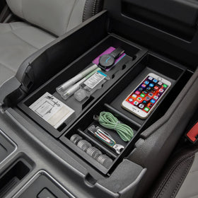 PIMCAR tray inside console holding phone keys wallet for quick access