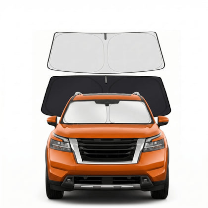 PinBaoLaLa front view of sun shade on Pathfinder showing full windshield coverage and neat fit