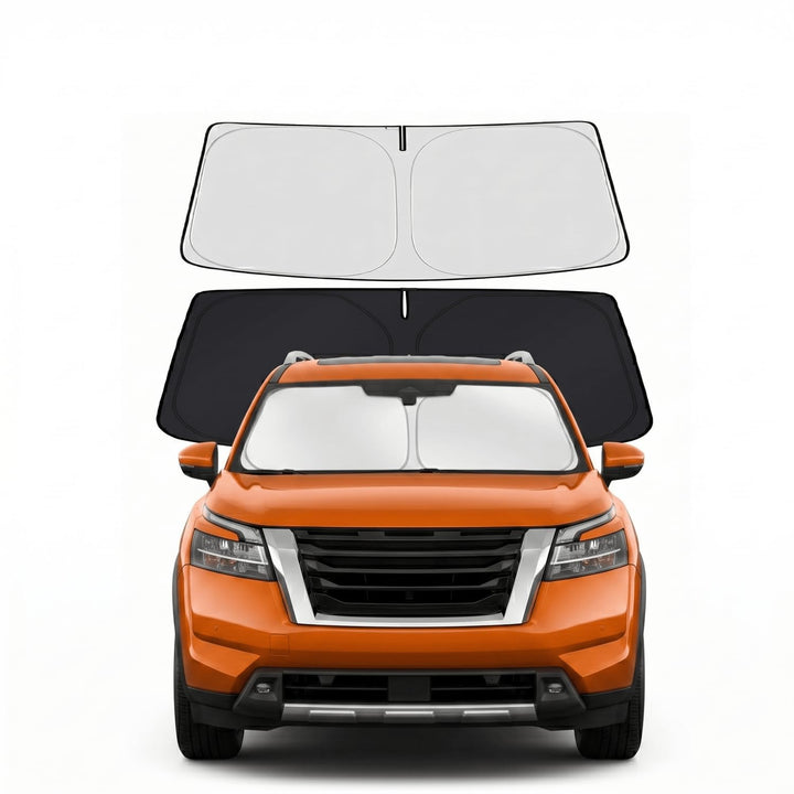 PinBaoLaLa front view of sun shade on Pathfinder showing full windshield coverage and neat fit