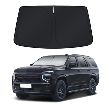 PinBaoLaLa front view of custom Tahoe sun shade showing full windshield coverage and protection
