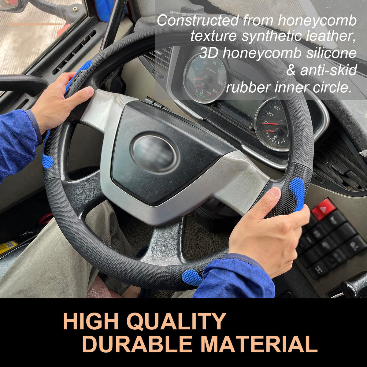 PINCTROT installed on a semi truck steering wheel demonstrating secure fit benefit