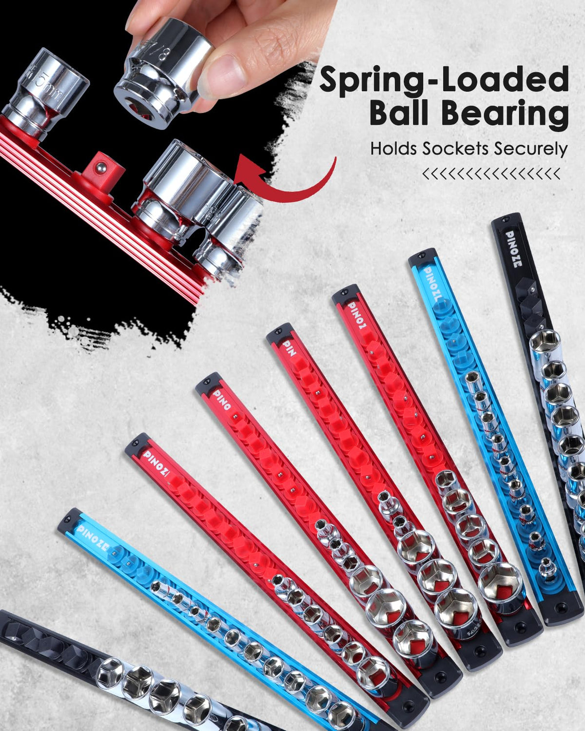 PINOZE colored rails separating SAE and Metric sockets for quick ID