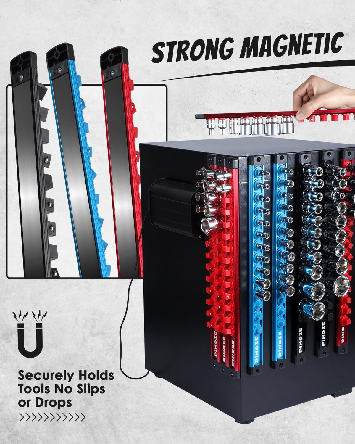PINOZE magnetic base attached to steel toolbox for secure holding