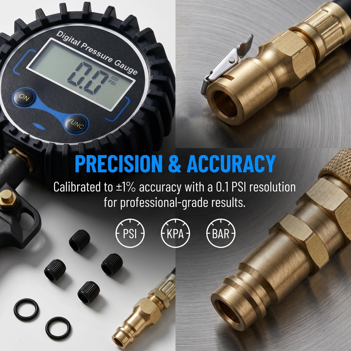 Pintool in use on car tire demonstrating fast inflation and accurate measurement benefit