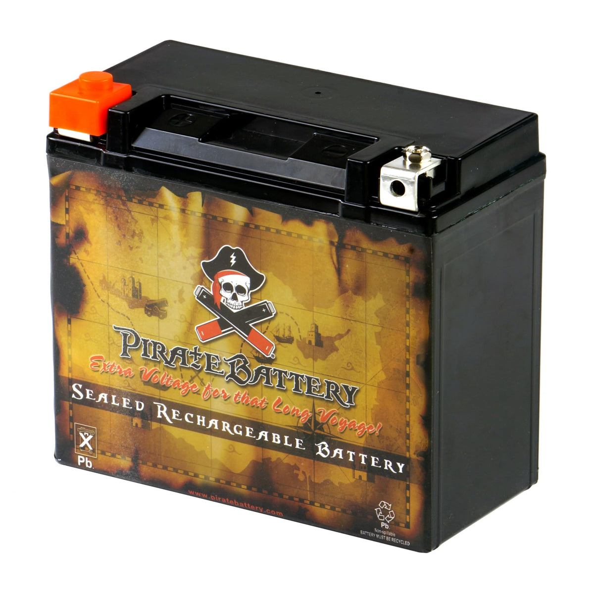 Pirate Battery front view showing compact sealed AGM design for reliable starts
