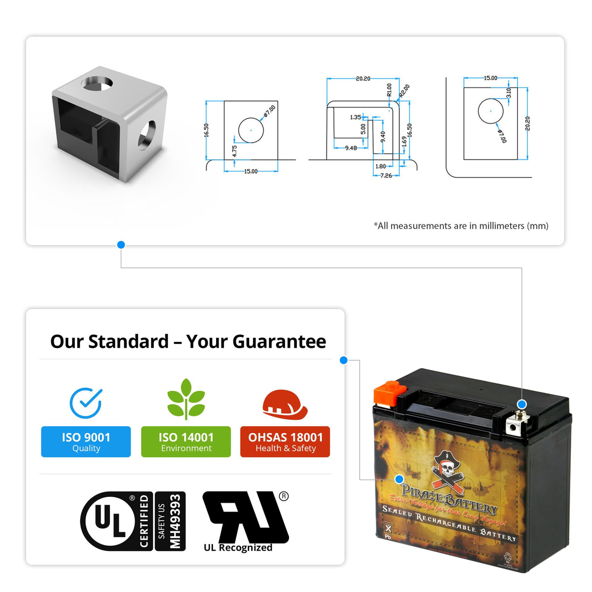 Pirate Battery label closeup showing model and specifications for easy verification