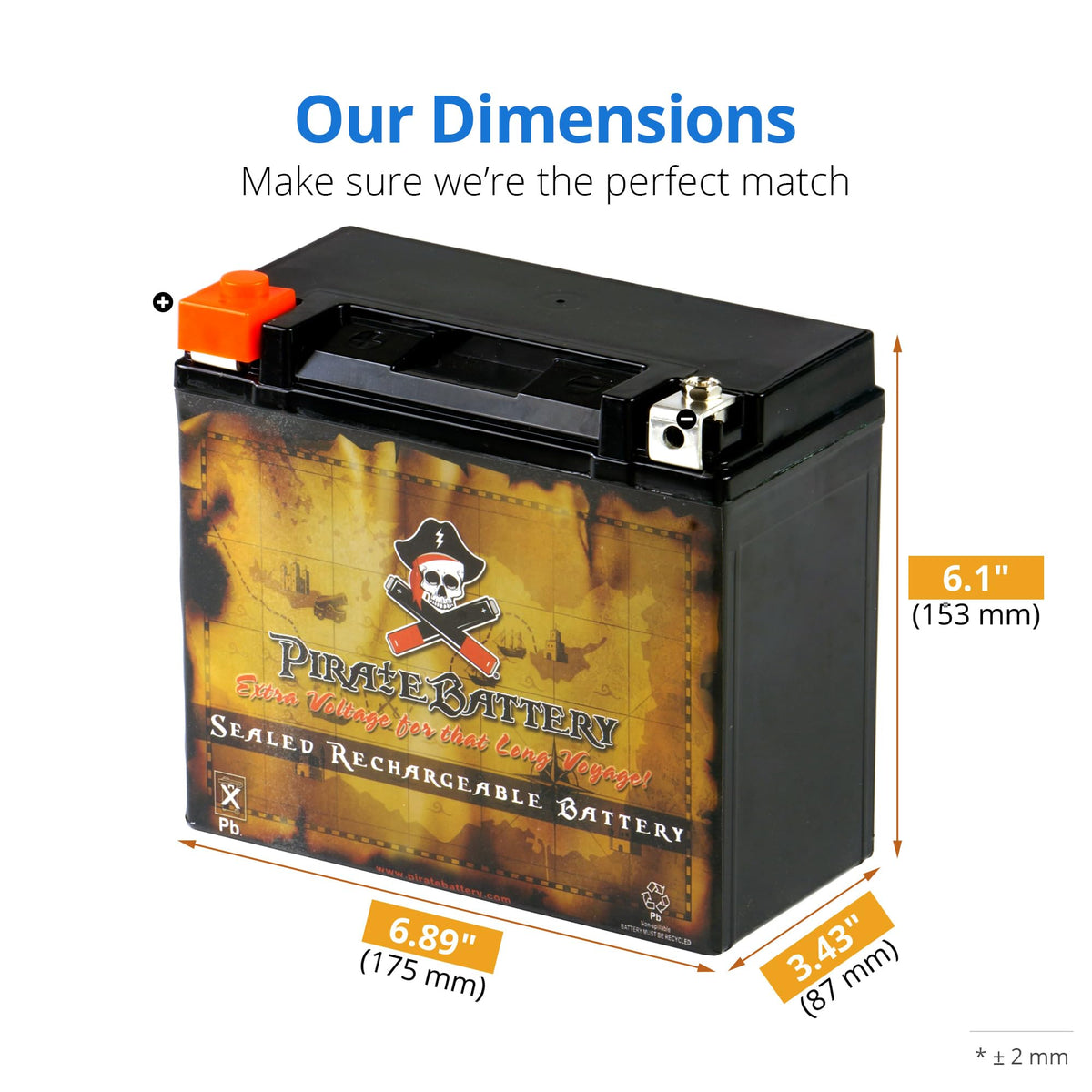 Pirate Battery top terminals detail with sealed posts for safe, clean connections