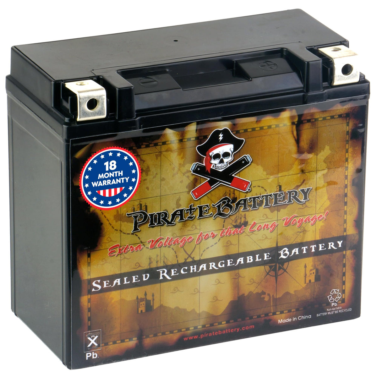 Pirate Battery YTX20HL-BS front view showing compact case and ready-to-install design