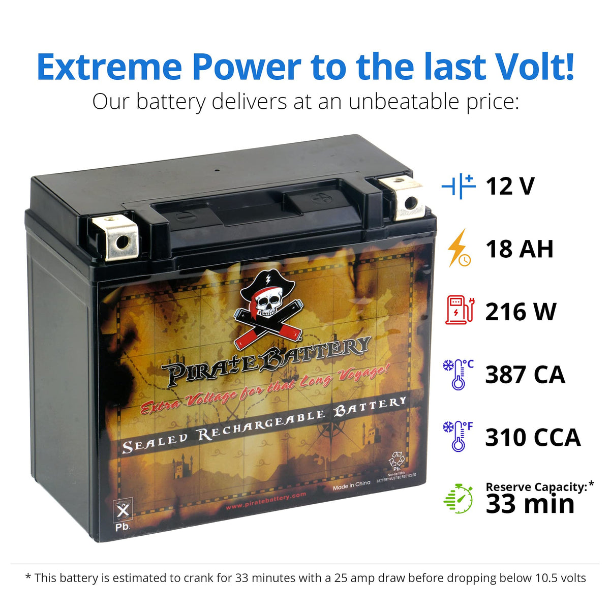 Pirate Battery side label detail showing 12V 19Ah and 310 CCA specs for quick verification