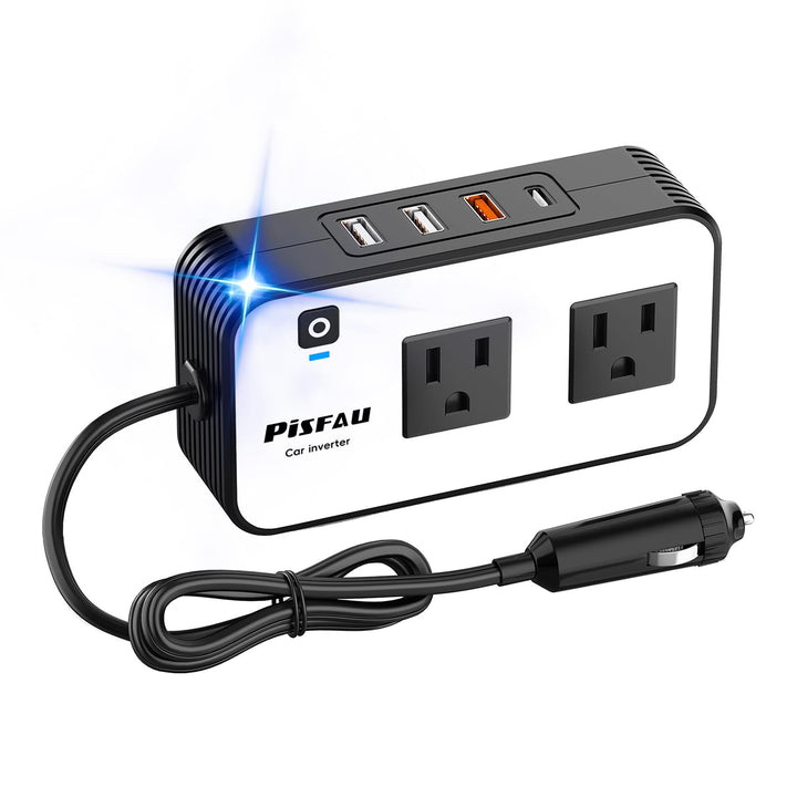 PiSFAU front view showing AC outlets and USB ports, reliable charging on the go