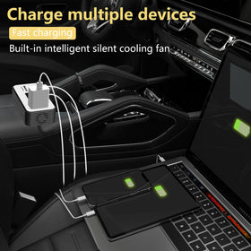 PiSFAU detail of two AC outlets and four USB ports, organized multi-device charging