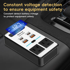 PiSFAU plugged into car lighter socket powering laptop and phone in use
