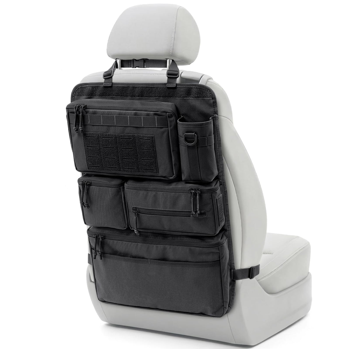 Pitozer front view of seat organizer showing pockets and layout for easy access