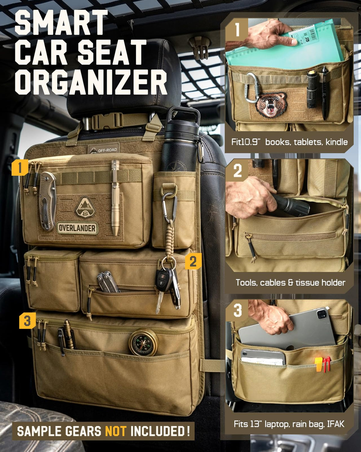 Pitozer installed on a car seat back demonstrating tidy cabin and easy access