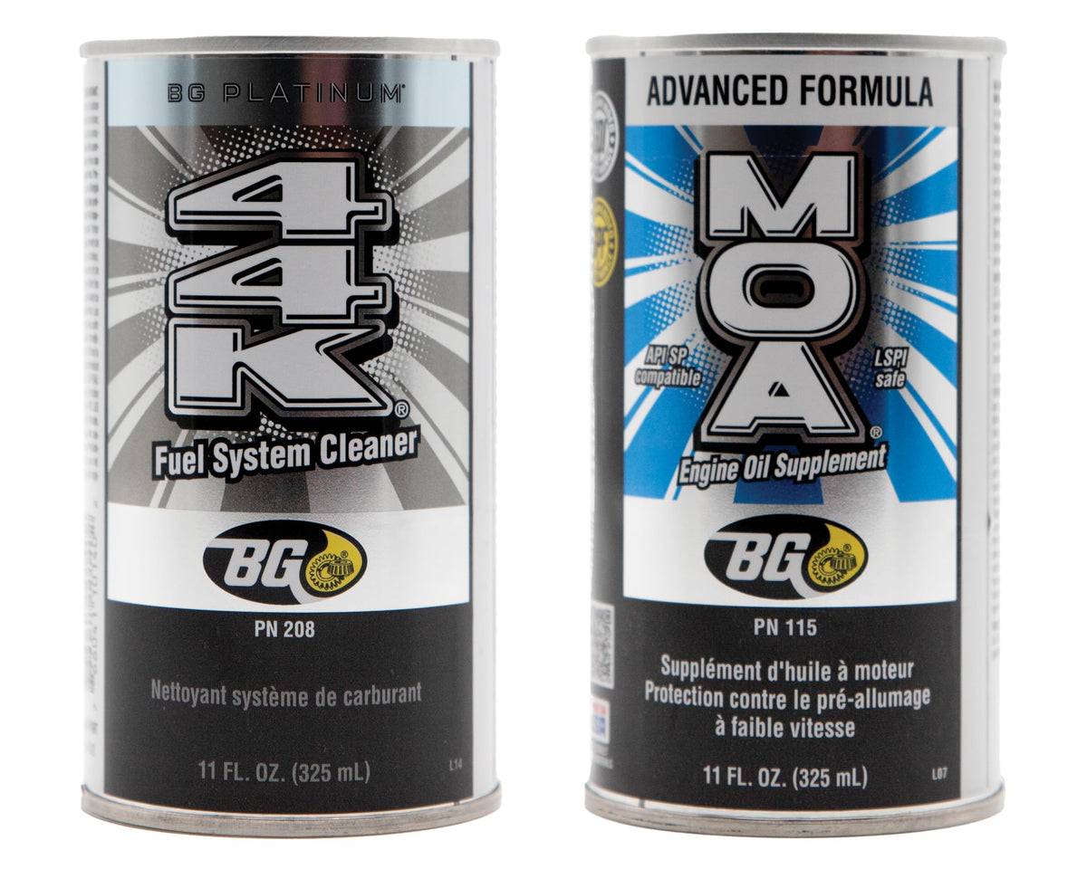 Piuess BG MOA 115 front can showing label and benefits for engine protection