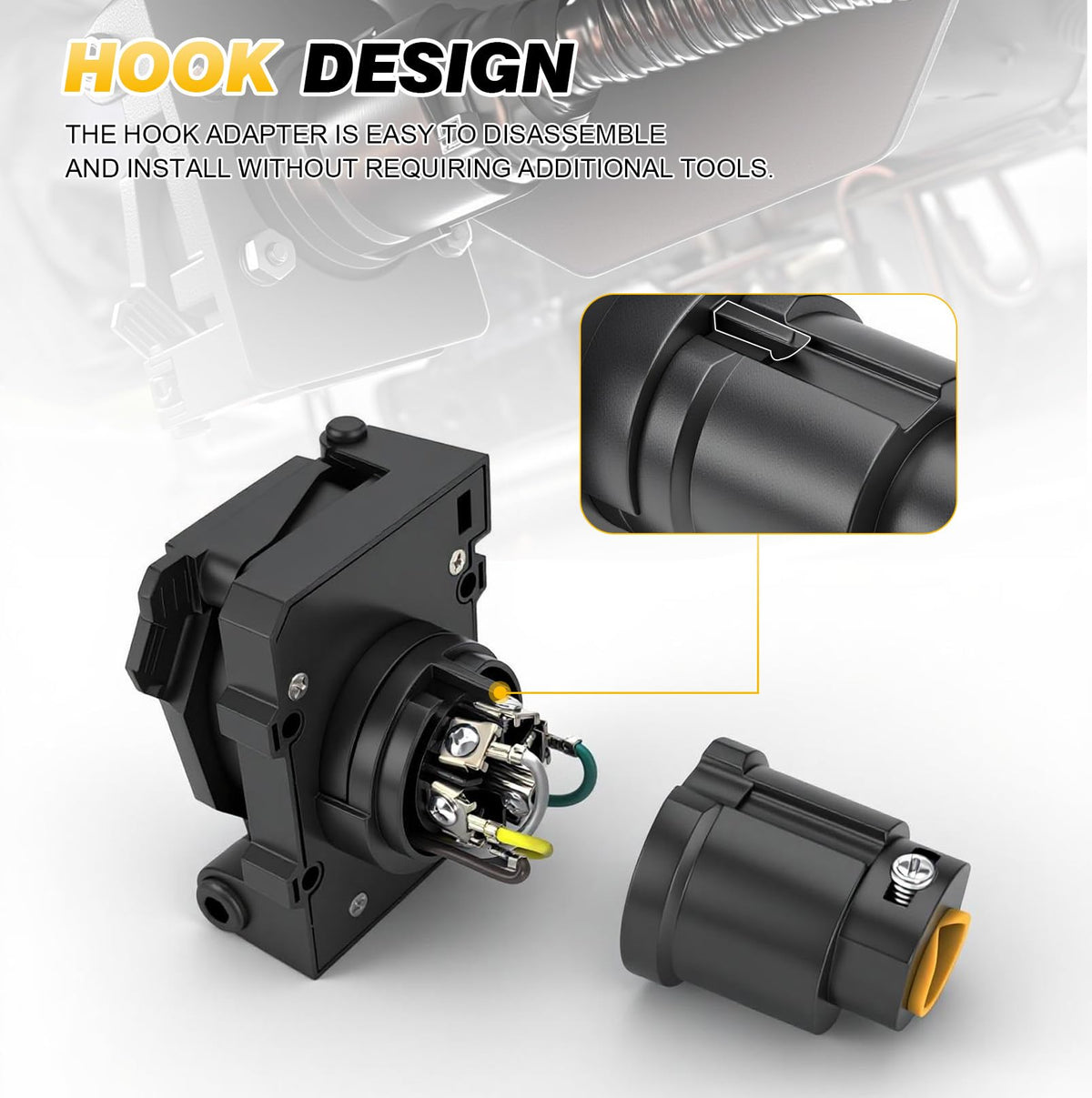 PKDOAX close-up of 5-way flat outlet that accepts 4-way plugs for compatibility