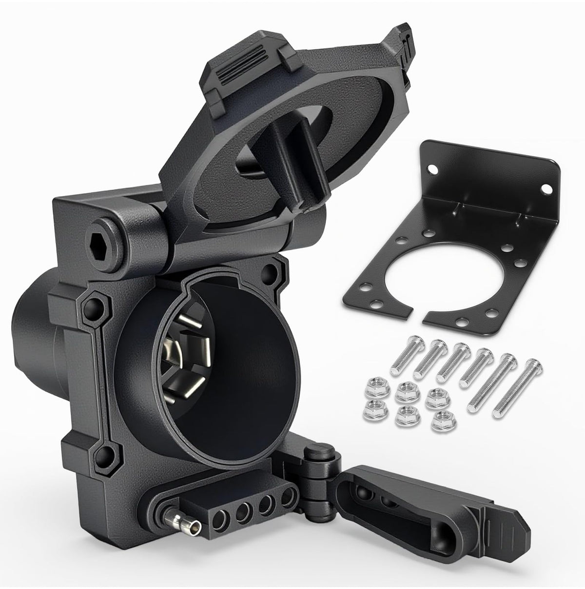 PKDOAX front view showing combined 7-way and 5-way outlets, improves towing flexibility